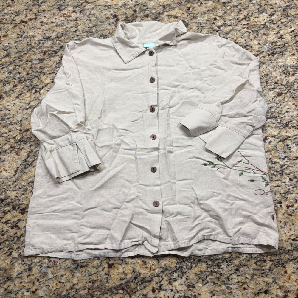 220 Hickory Womens LGE PT Tan Linen Blend Embroidered Vine Button Up Shirt